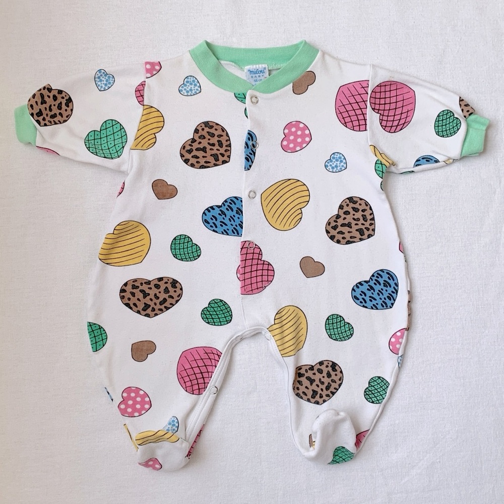 Milou Baby Vintage German 100% Cotton Footie Sleeper with Colorful Hearts 0-3M